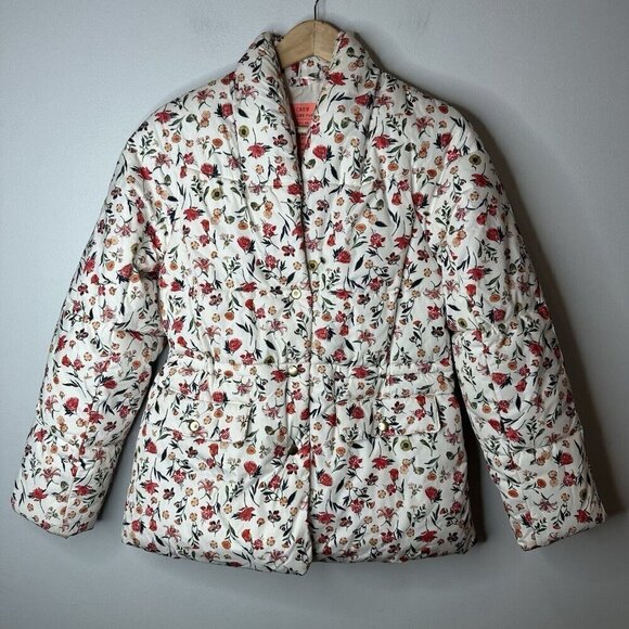 J Crew Puffer Jacket Womens XXS Cream Floral Cottagecore Grannycore Warm Boho - Picture 2 of 16